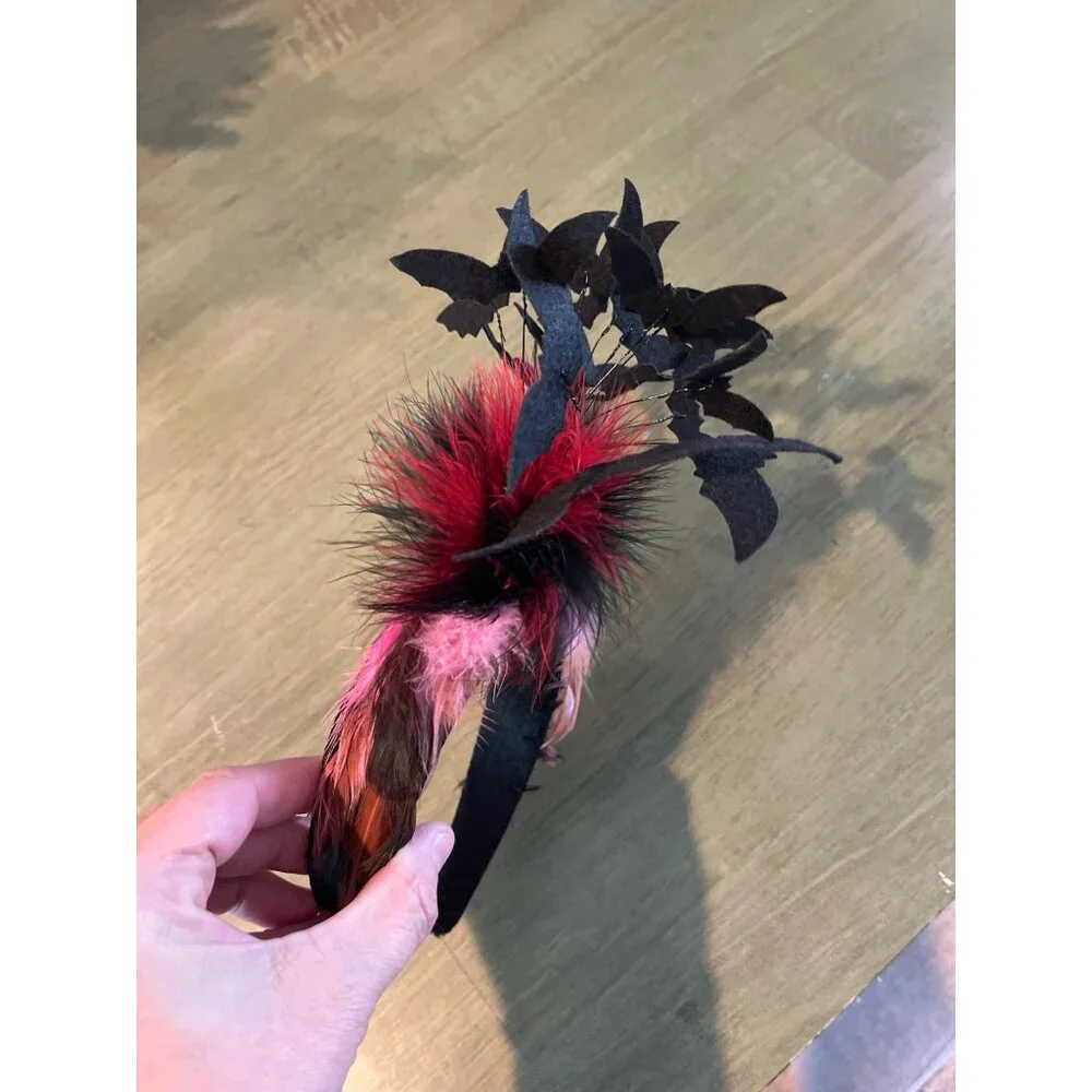 Black Bat Fascinator Headband With Red & Black Feathers Halloween Costume Access